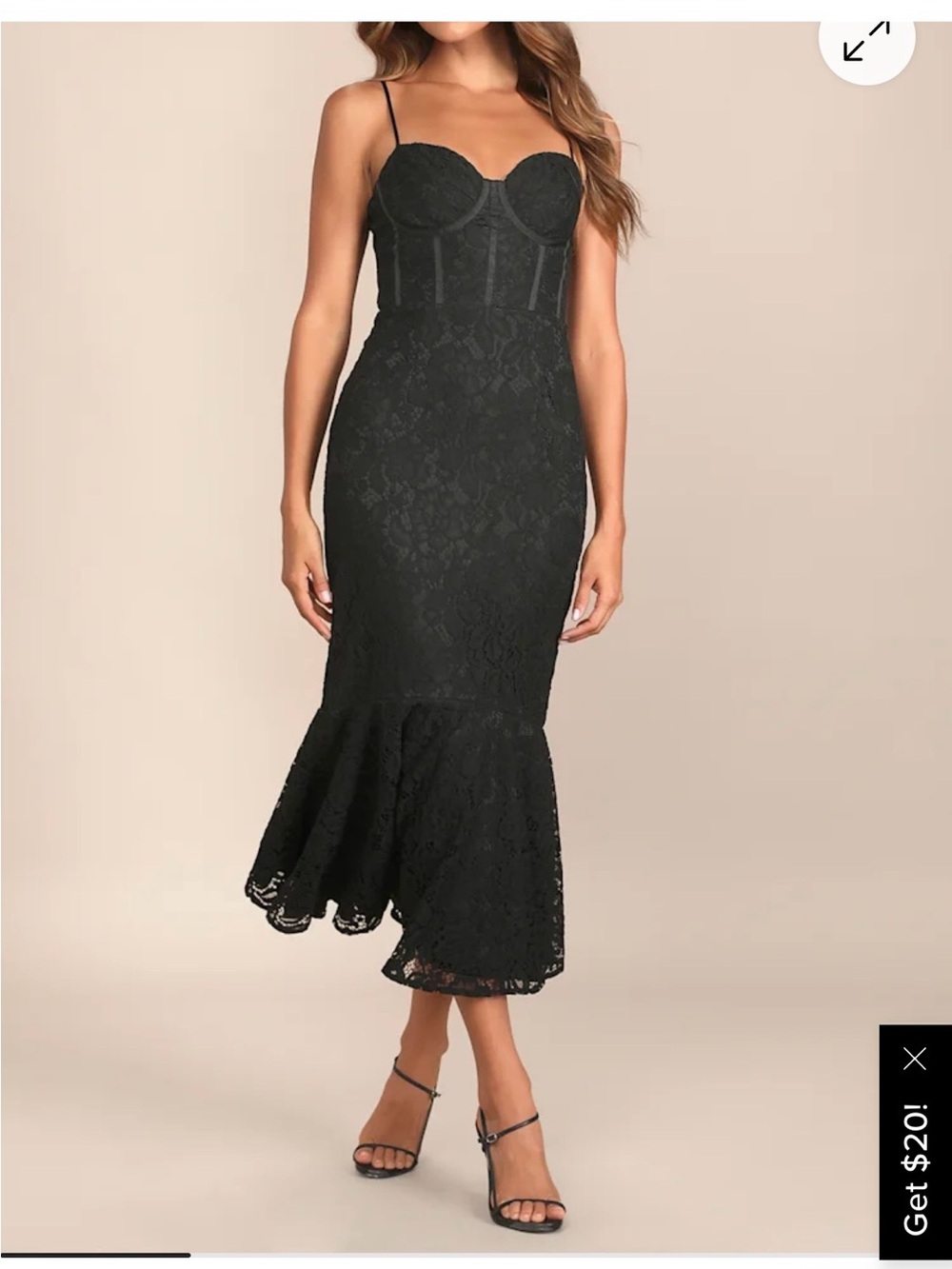 Lulu's Black Lace Trumpet Midi Dress with Spaghetti Straps